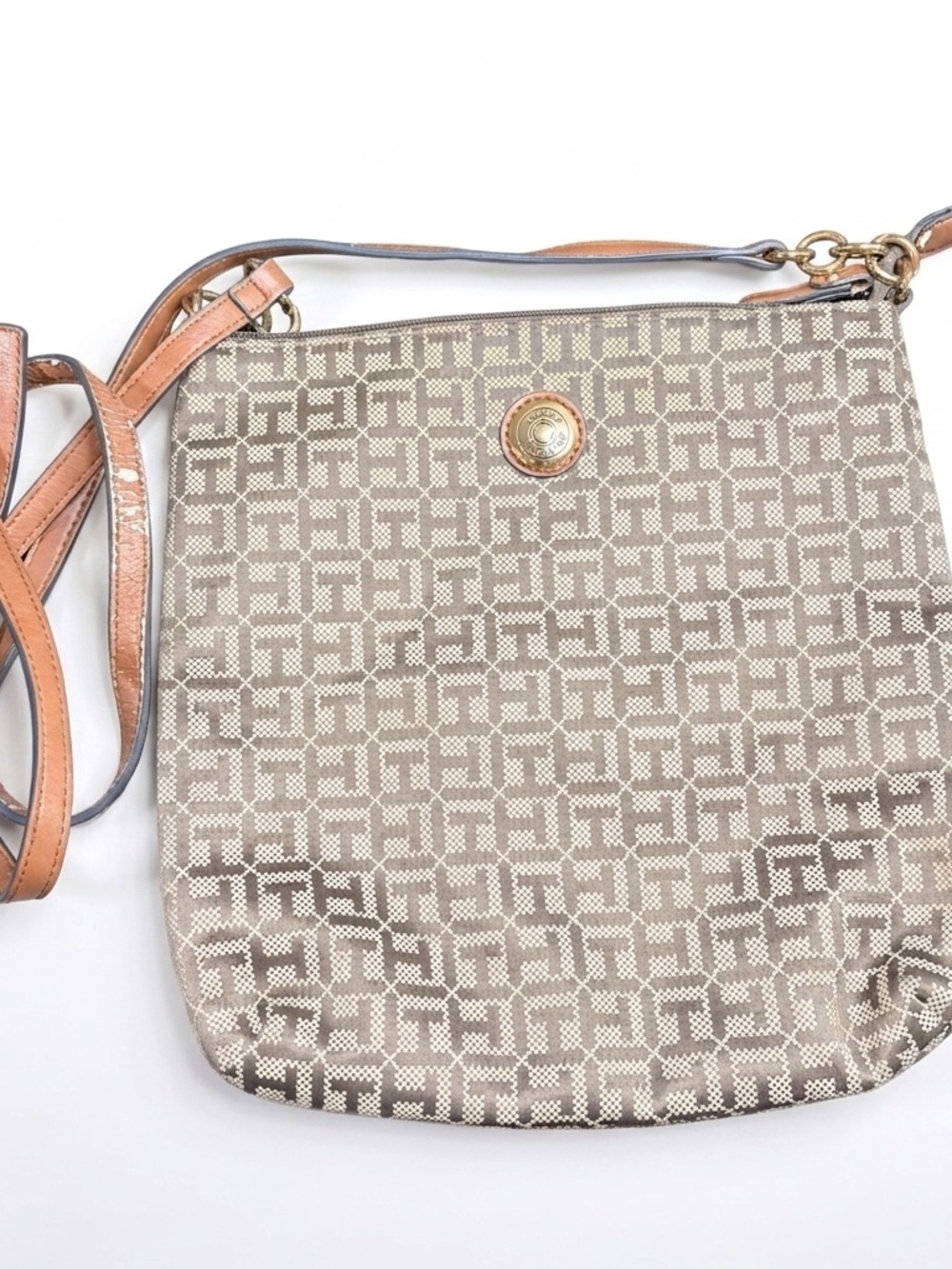 Tommy Hilfiger Beige Monogram Crossbody with Tan Strap